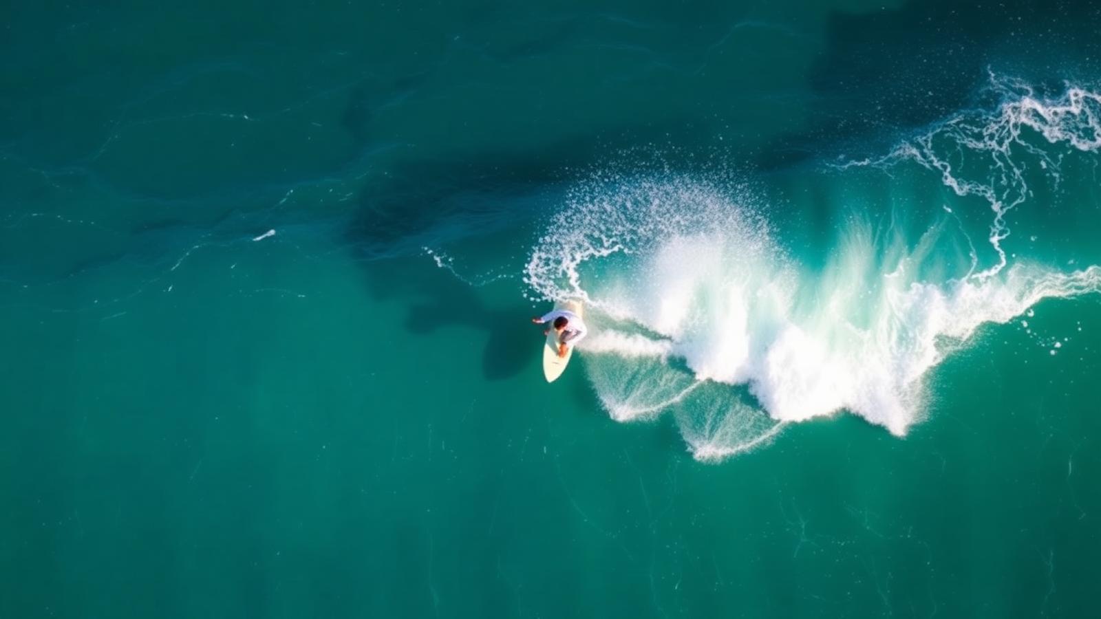Overhead aerial shot of a surfer carving a bottom turn on a turquoise wave