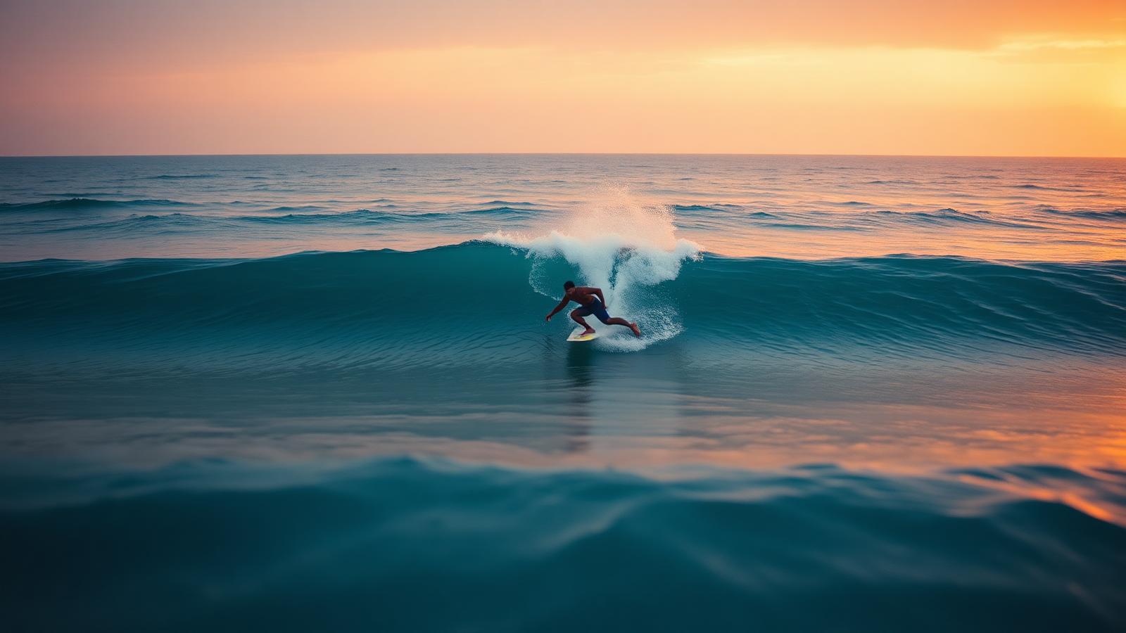 Surfer riding a clean blue wave at golden hour