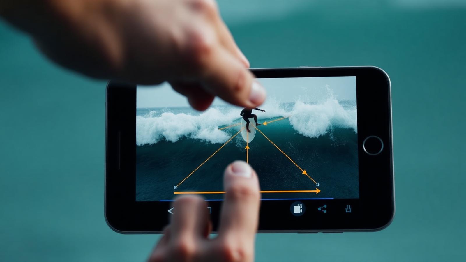 Phone screen showing annotated surf footage with arrows overlaid